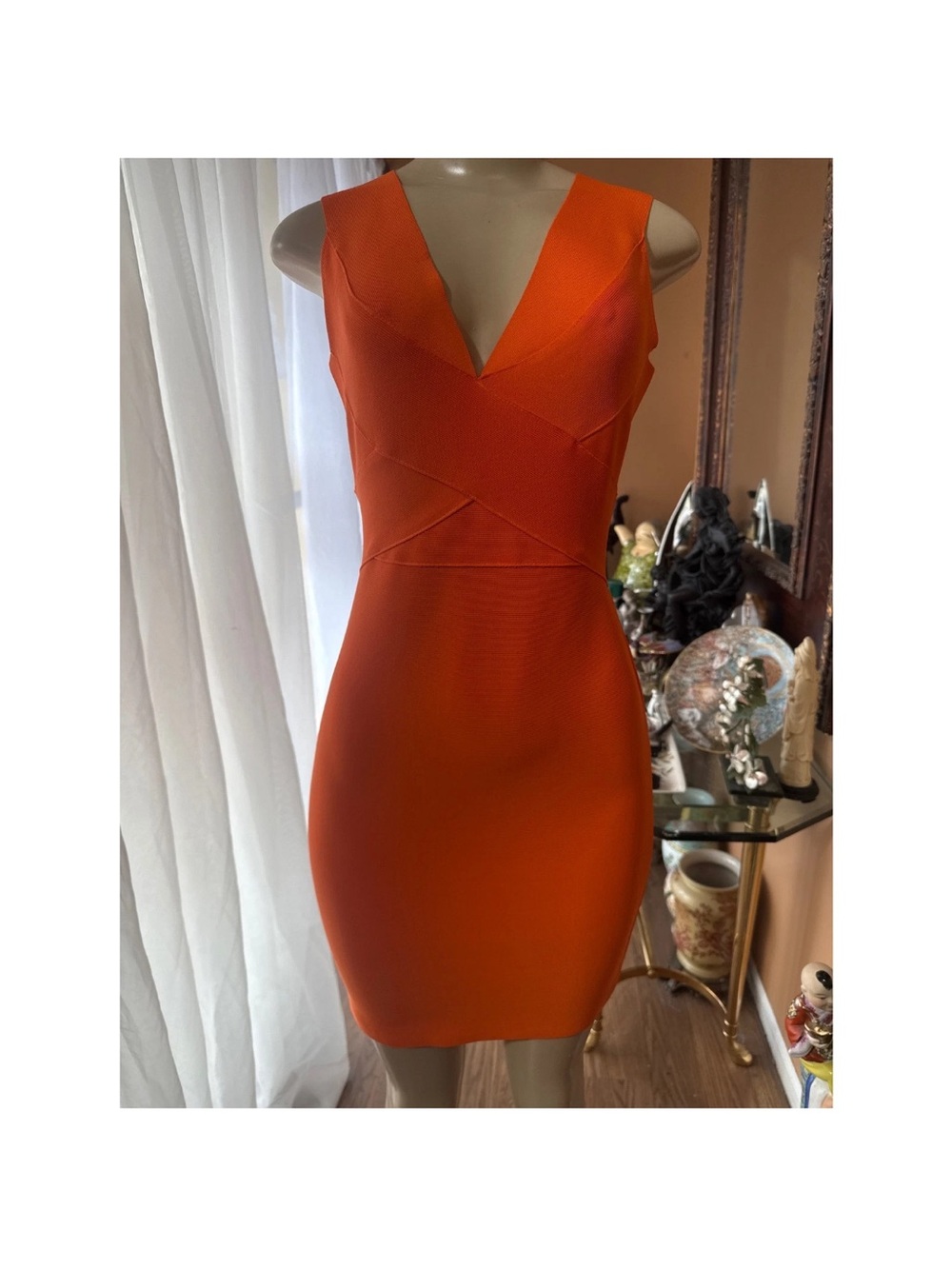 Sleek Orange V-Neck Sheath Dress